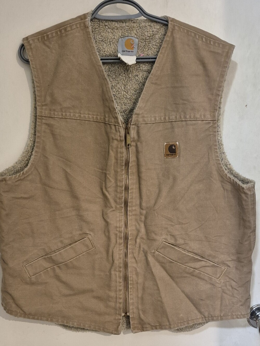 Vintage Carhartt Men's Sandstone Duck Canvas Sherpa-Lined Vest Sz.L
